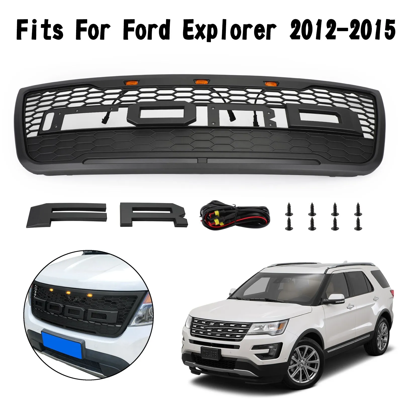 Grey Black Front Upper Bumper Grille Grill For Ford Explorer 2012 2013 2014 2015 With Lights and Letters