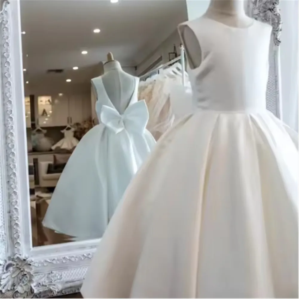Satin Flower Girl Wedding Dress Sleeveless With Bow Kids Special Occasions Prom Dress Birthday Party Gown vestidos de comunión