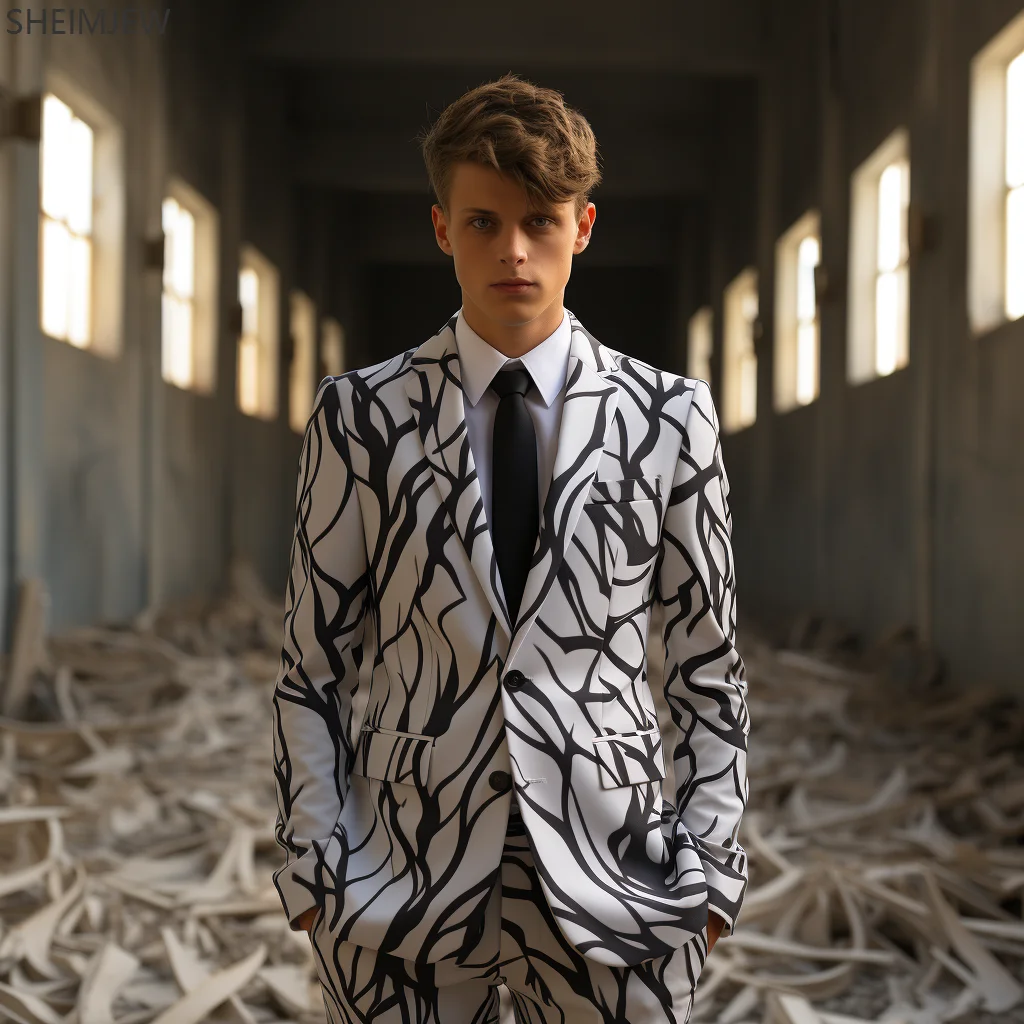 Creative Irregular Printing Men Suit Business Casual Double Button Jacket & Pants Holiday Party Cool Suits Host Emcee Dress New