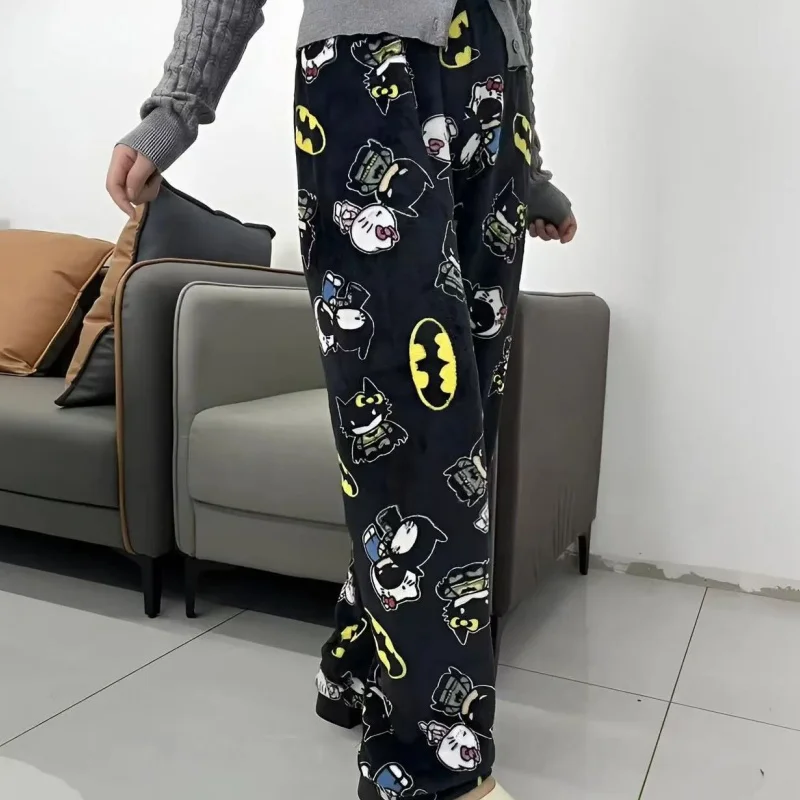 Venda quente sanrio y2k outono hellokitty batman calças de pijama dos desenhos animados hip hop senhoras quente casual estilo natal flanela bonito calças pano