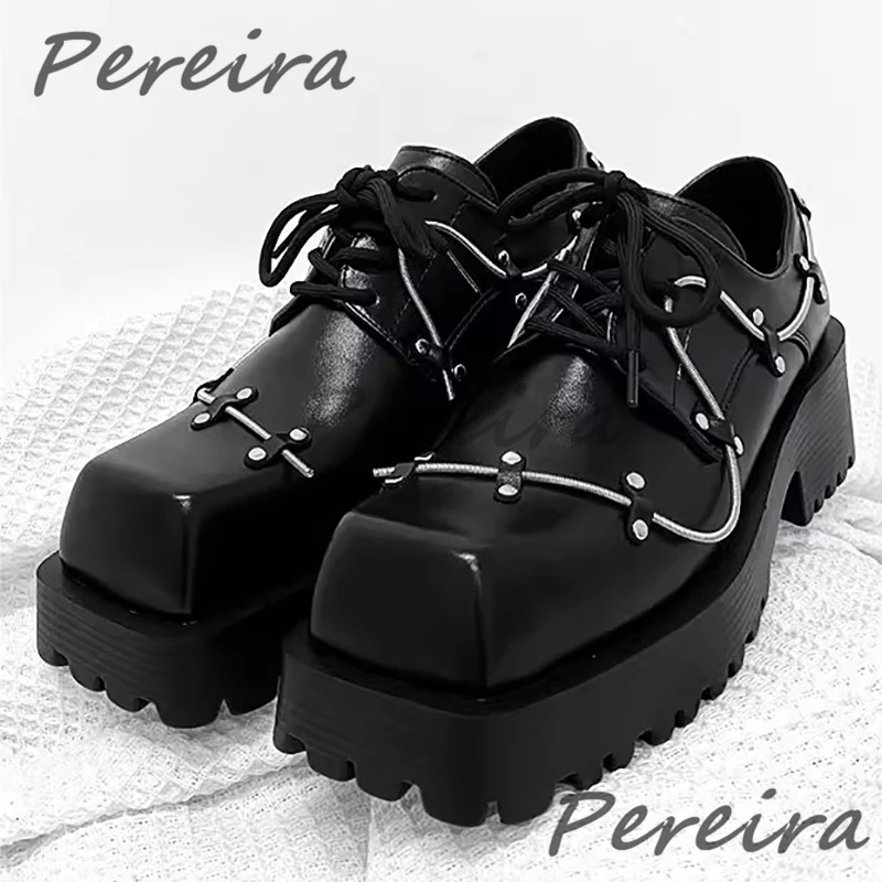 

Square Toe Men's Leather Shoes Couple Derby Shoes Wire Ropes Decor Thick Soled Casual Shoes Fashion Chunky Heel Lace-Up Shoes