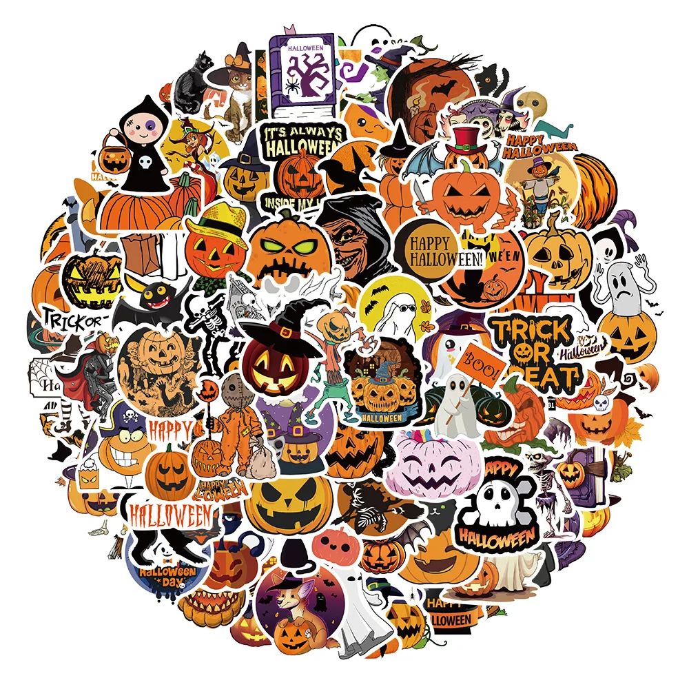 100pcs Gothic Halloween Ghost Witch Pumpkin Decorative Stickers DIY Notebook Guitar Skateboard Waterproof Sticker Kids Toy