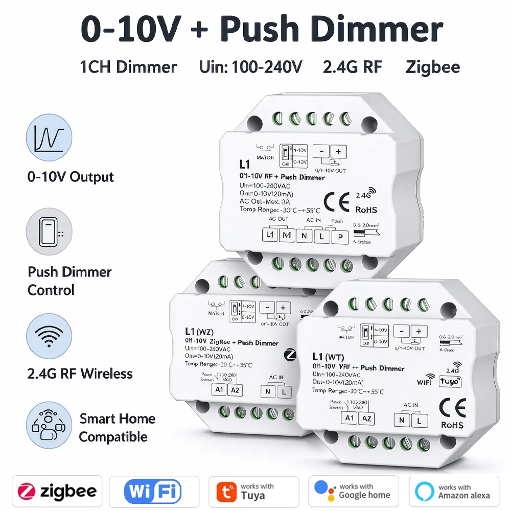 0/1-10V WiFi ZigBee+RF+Push Dimmer L1 L1(WT) L1(WZ) 2.4G Single Color Push Dimmer APP Voice Control for COB 5050 LED Strip Light