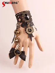 Punk Steam Vintage Dark Lolita Bow Gear Gloves Hot Girl Street Fashion Perform Fingerless Gloves Women Y2k Accessories Bracelet