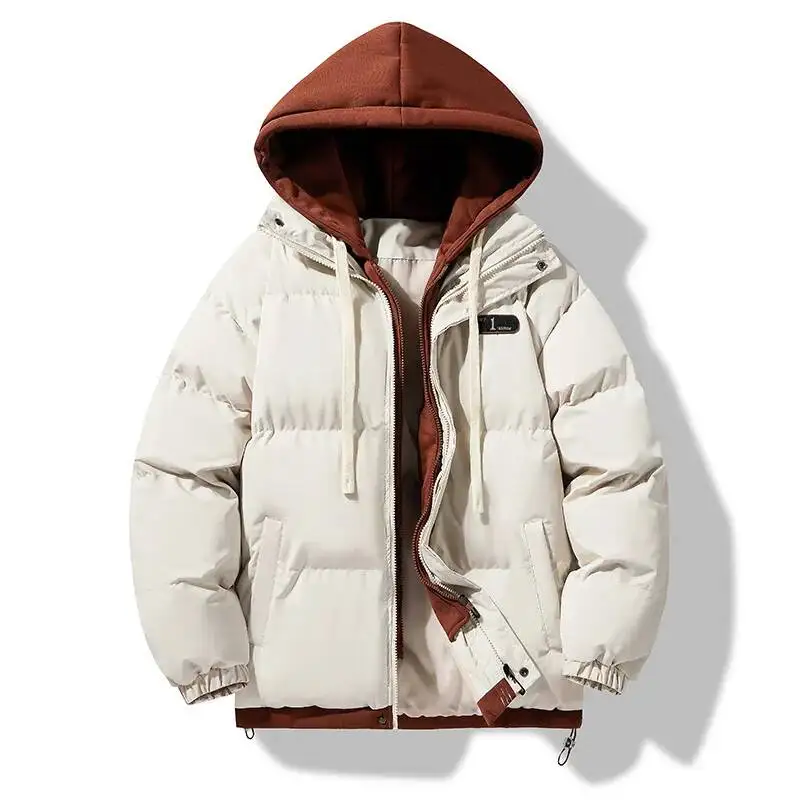 Men's Winter Thickened Cotton Jacket Loose Fit Warmth Hooded Coat Youth Fashion Polyester Fiber Zipper Closure Solid Color