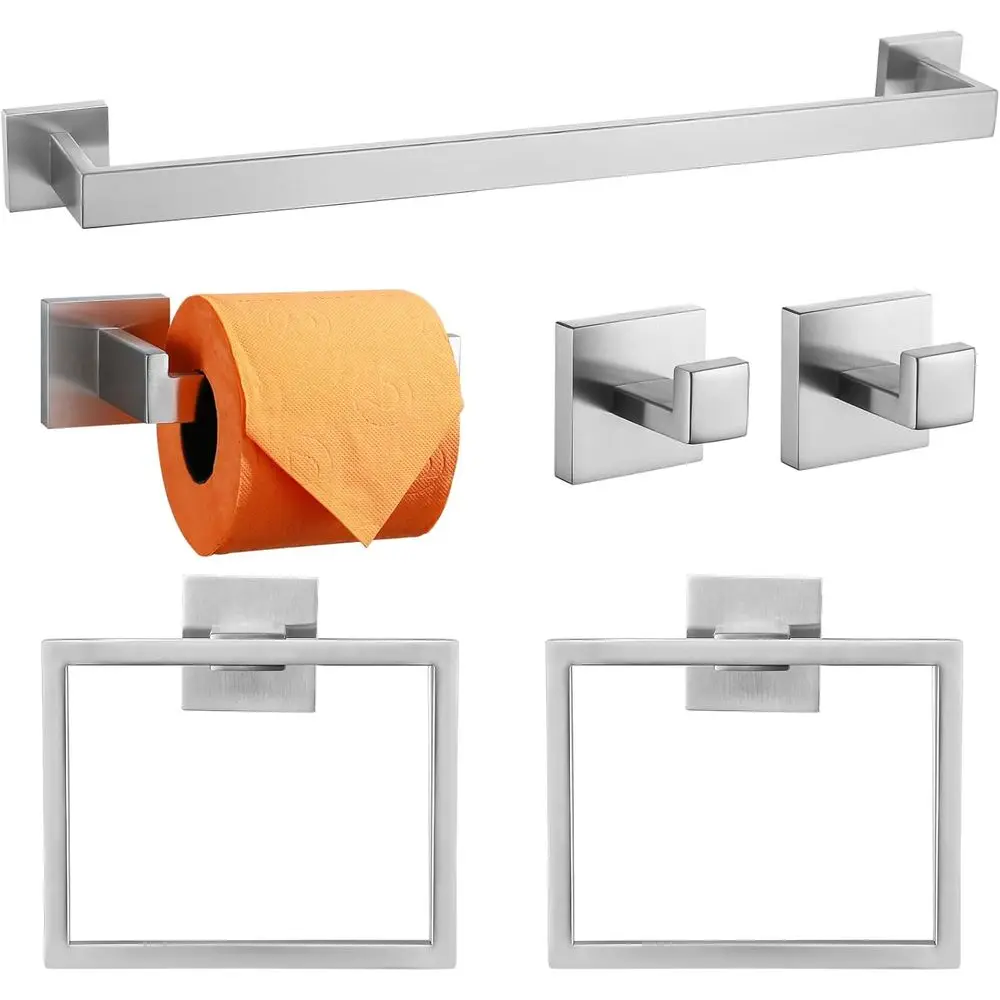 

6-Piece Brushed Nickel Bathroom Hardware Set: 23.6 Towel Bar, Ring, Coat Hook, and Toilet Paper Holder - Wall Mounted Accessorie