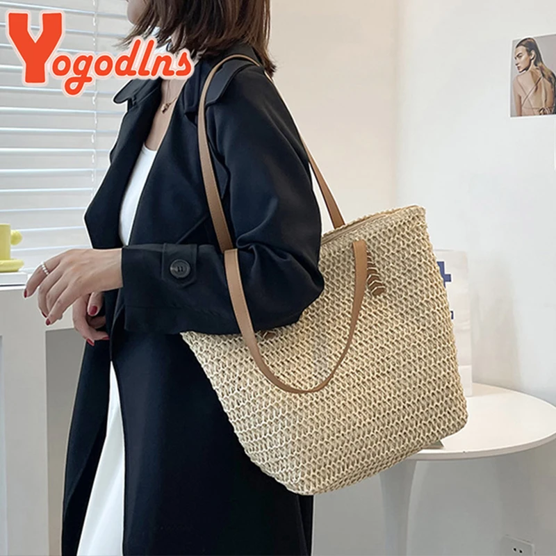 Yogodlns Summer Woven Women Bag Large Capacity Rattan Shoulder Vacation Seaside Beach BagCasual Shopper Tote Fashion