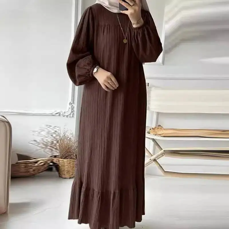 

2026 Muslim Women's Robe Fashion Folded Bubble Sleeve Pocket Hemp Ruffle Dress Robe Abaya Ramadan Dubai Luxury Islam Elegant