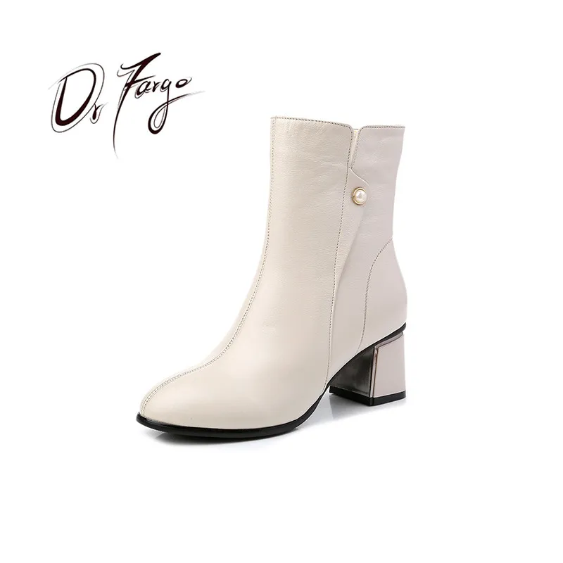 

DRFARGO Women Dress Ankle Boots Med High Squared Heeled Spring Winter Plus big size 33-43 Mujer Zapatos Genuine Leather Fashion