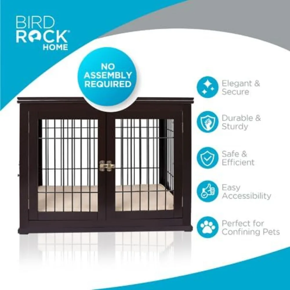 Decorative Dog Kennel with Pet Bed - Small Indoor Pet Crate, Double Door Design, Engineered Wood & Metal Wire, Fur