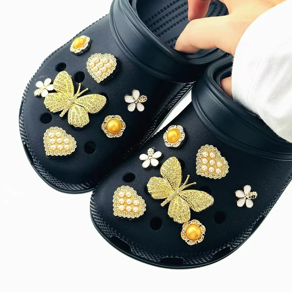 14PCS Summer Shoe Charms Set Accessories for Sandals Clogs Shoe Buckle Diamond Butterfly Pearl Flower DIY Shoes Decorations