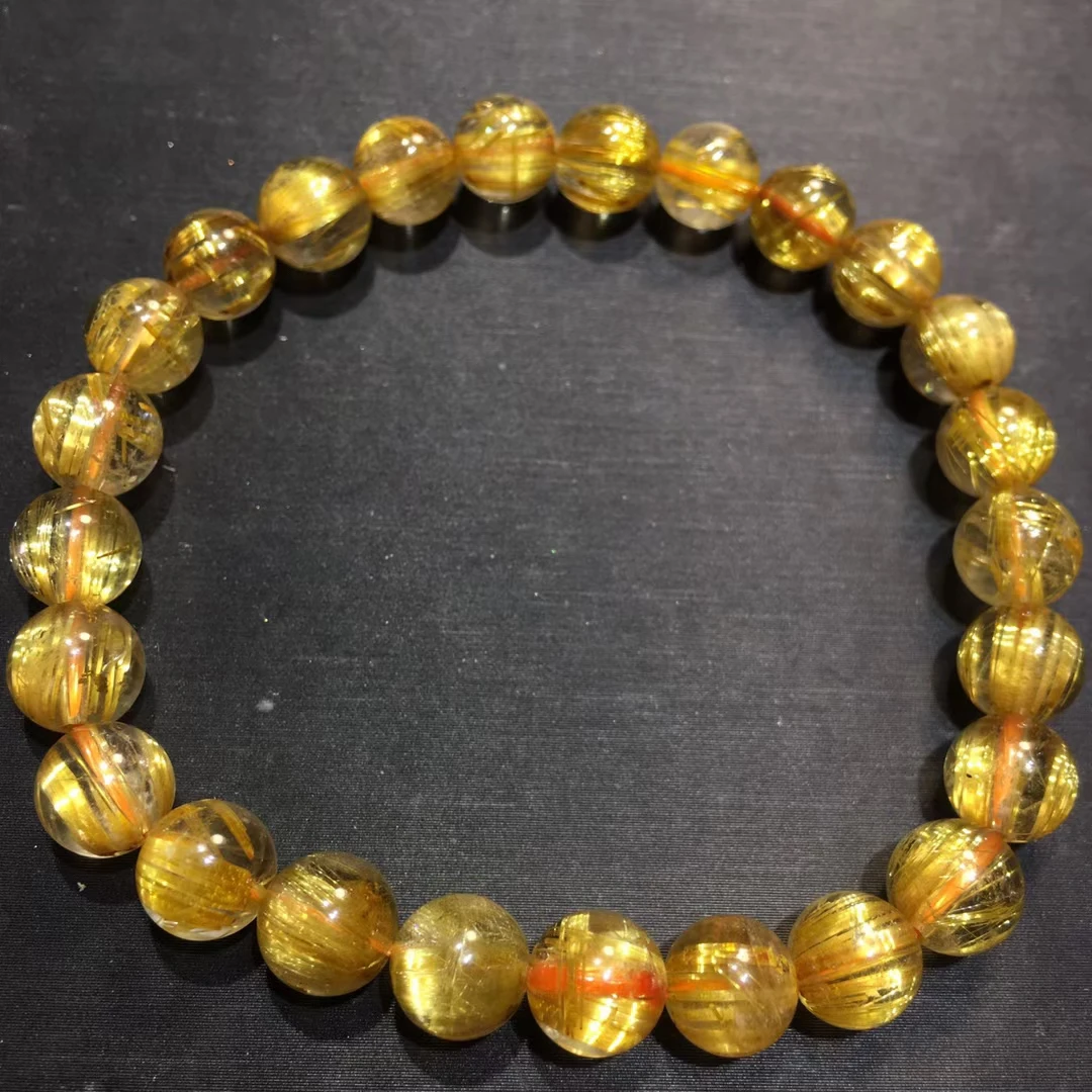 Natural Gold Rutilated Quartz Titanium Beads Bracelet 7.5mm Wealthy Woman Men Clear Round Beads Jewelry Cat Eye Brazil AAAAAAA