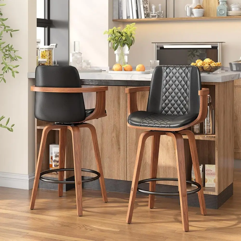 

Set of 2 Black 26 High-Back Swivel Bar Stools with Arms, Upholstered PU Leather, Bentwood Frame for Kitchen Island