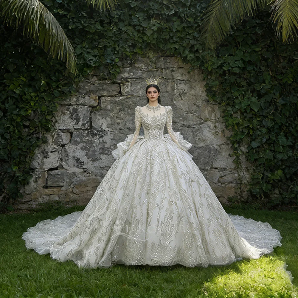 

Изысканное свадебное платье с квадратным вырезом, расшитое бисером и жемчугом, блестящее, для женщин, на заказ, с длинными рукавами, Vestido De Novia