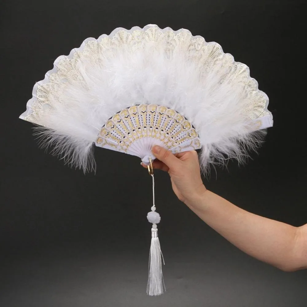 Elegant Vintage Handmade for Lolita with Pendant Sweet Fairy Girl Wedding Gift Party Decor Feather Folding Fan Dance Hand Fan