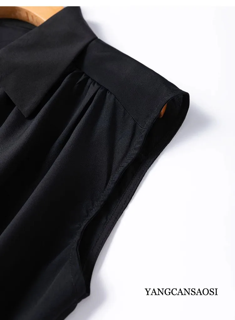 Simple Commuting 100%Natural Mulberry Silk Crepe De Chine Temperament Style Sleeveless Square Neck Black/White Solid Color Shirt