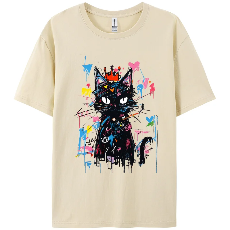 Cool Girl, Casual, Berserk Women Short T-shirts,Black Cat Graphic Print TShirt, Short Sleeve,100% Cotton, Oversided,Y2k T-shirts