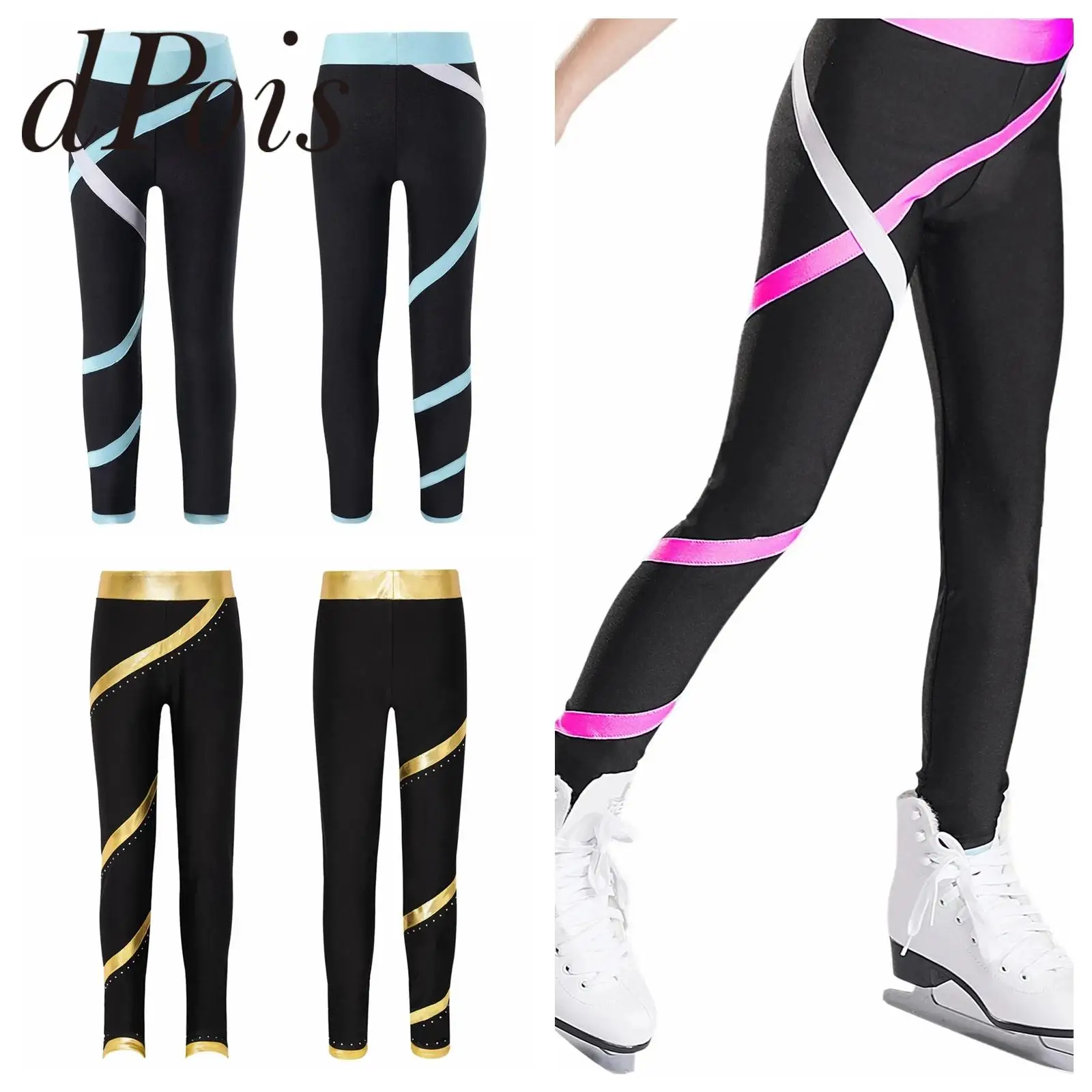 Girls Figure Ice Skating Leggings Shiny Rhinestones Metallic Striped Tights Roller Skating Trousers Kids Gymnastics Pants