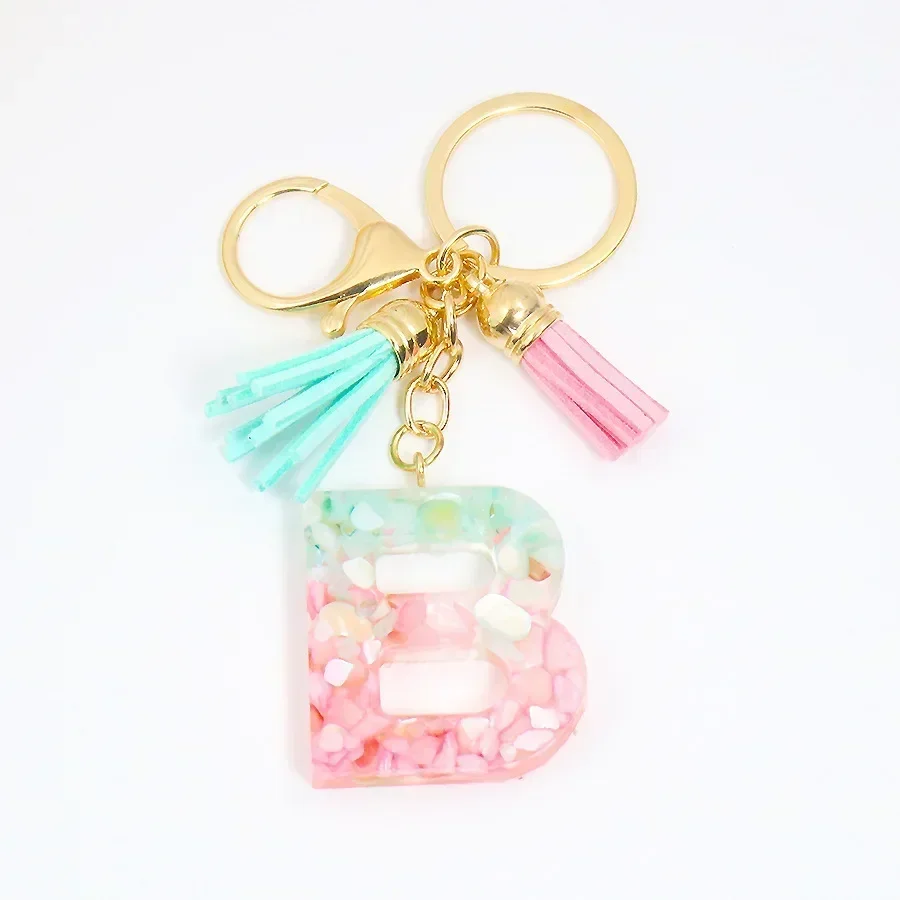 Resin Initial Letter Keychain Women Blue Butterfly Alphabet Key Ring Chains With Tassel Cute Pendant Key Chain Rings Charm Bag