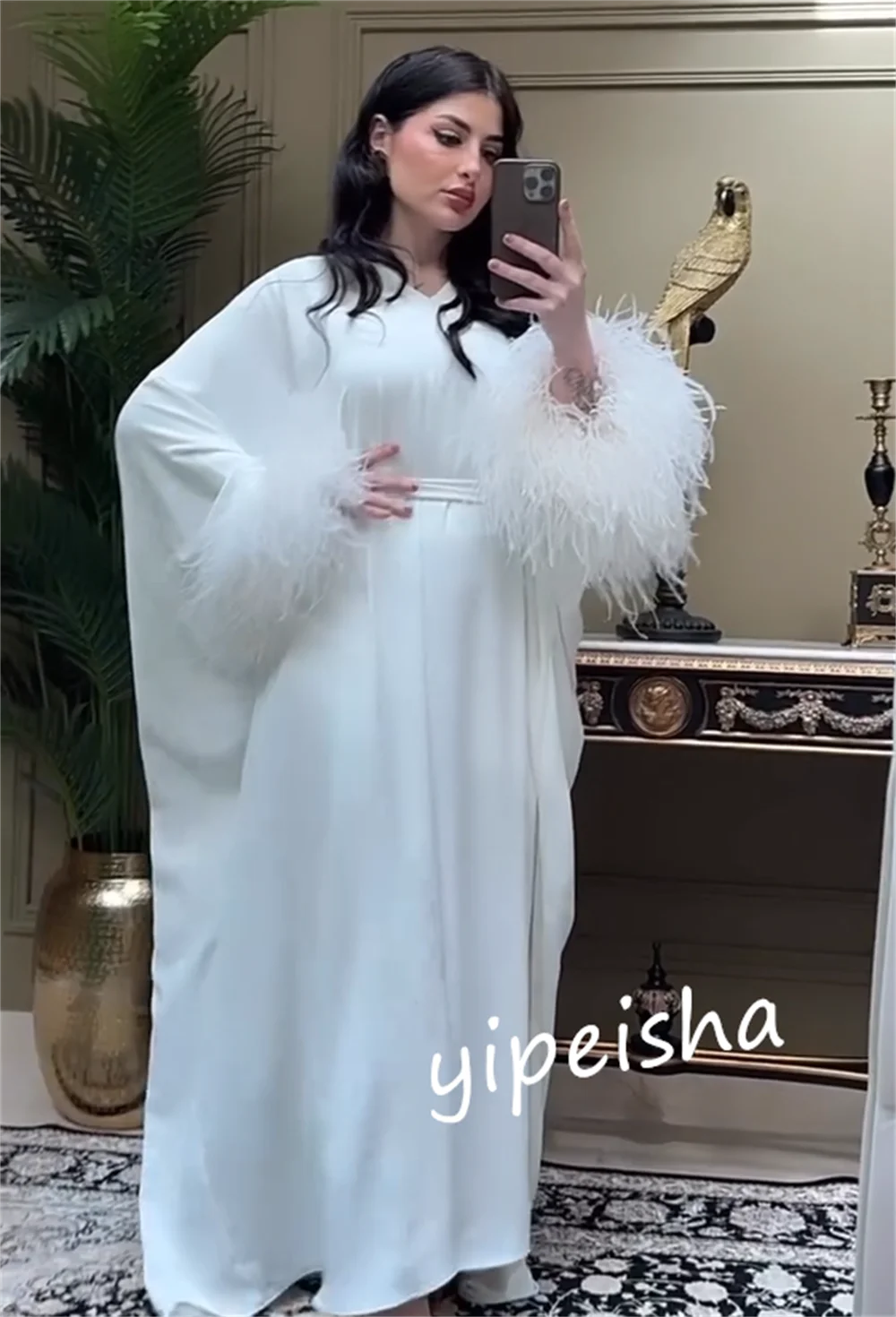 Jiayigong     Satin Feather Formal A-line V-neck Bespoke Occasion Gown Long Es Saudi Arabia