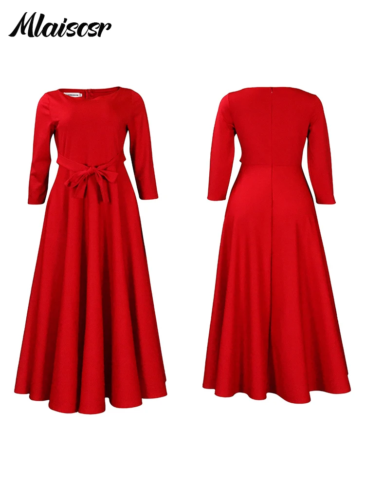 Mlaiscsr Elegant Evening Party Dresses Women O Neck Full Sleeve Sashes Pleated Fashion Office Female Birthday Dinner Vestidos