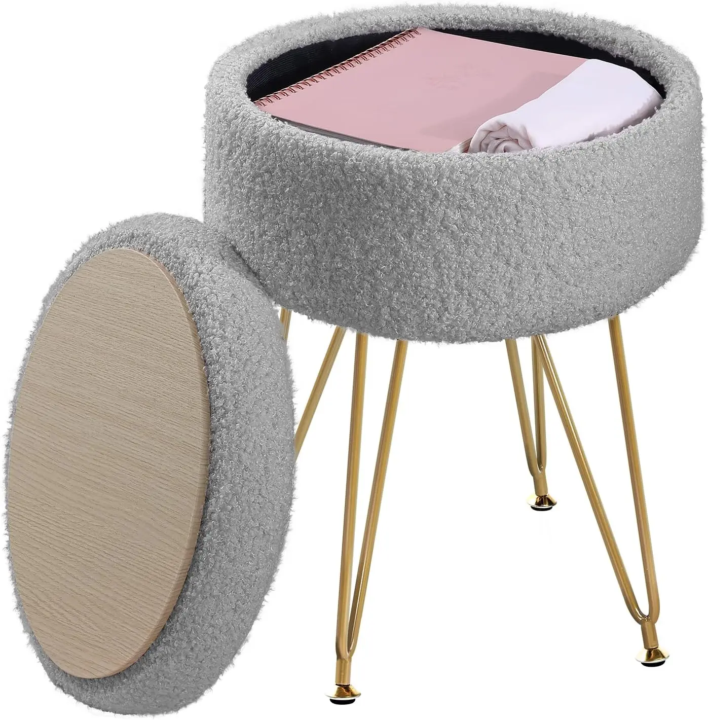 

Storage Ottoman Round Footrest Stool, Vanity Chair Faux Teddy Fur With Storage, Dressing Table Seat, Modern Multifunctional
