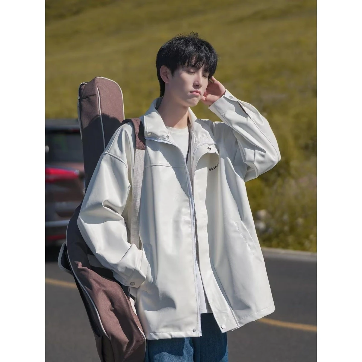 

Faionable Loose Fit Hooded Jaet Pure Color Workwear Coat with Diagonal kets for Couples Youthful Sle Long Sve