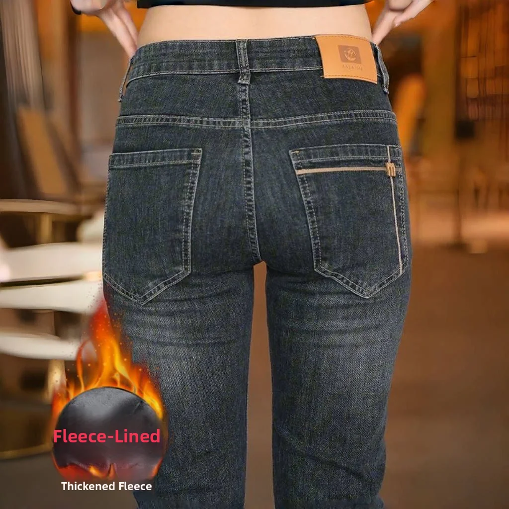 

Утепленные мужские джинсы с флисовой подкладкой, прямого кроя, эластичные, повседневные, длинные брюки, осенне-зимние, новые, модные, хлопковые