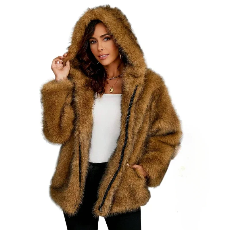 New in Overwears 2024 Women's Winter Jacket Hooded Baggy Faux Fur Coat Zipper Pocket Fur Collar Warm Clothing Luxury Elegant