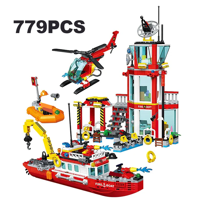 City Marine Fire Station Boat Building Blocks Rescue At Sea Yacht Life Buoy Helicopter Figures Brick Toys Gift For Kid Boy Adult