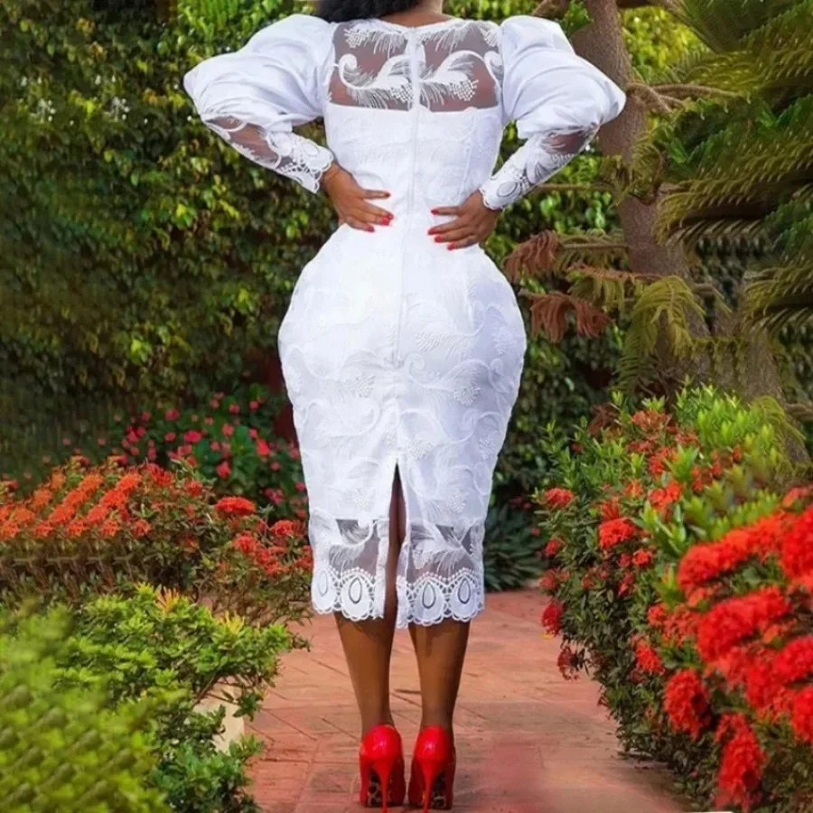 African Elegant Women White Lace Dress Puff Sleeve Embroidery Pencil Dress Plus Size 4XL Wedding Birthday Dinner Evening Clothes