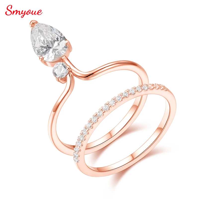 Smyoue Rose Gold Color Pear Cut All Moissanite Women Ring Jewelry Sets 2pcs Lab Diamond S925 Sterling Silver Luxury Girls Band