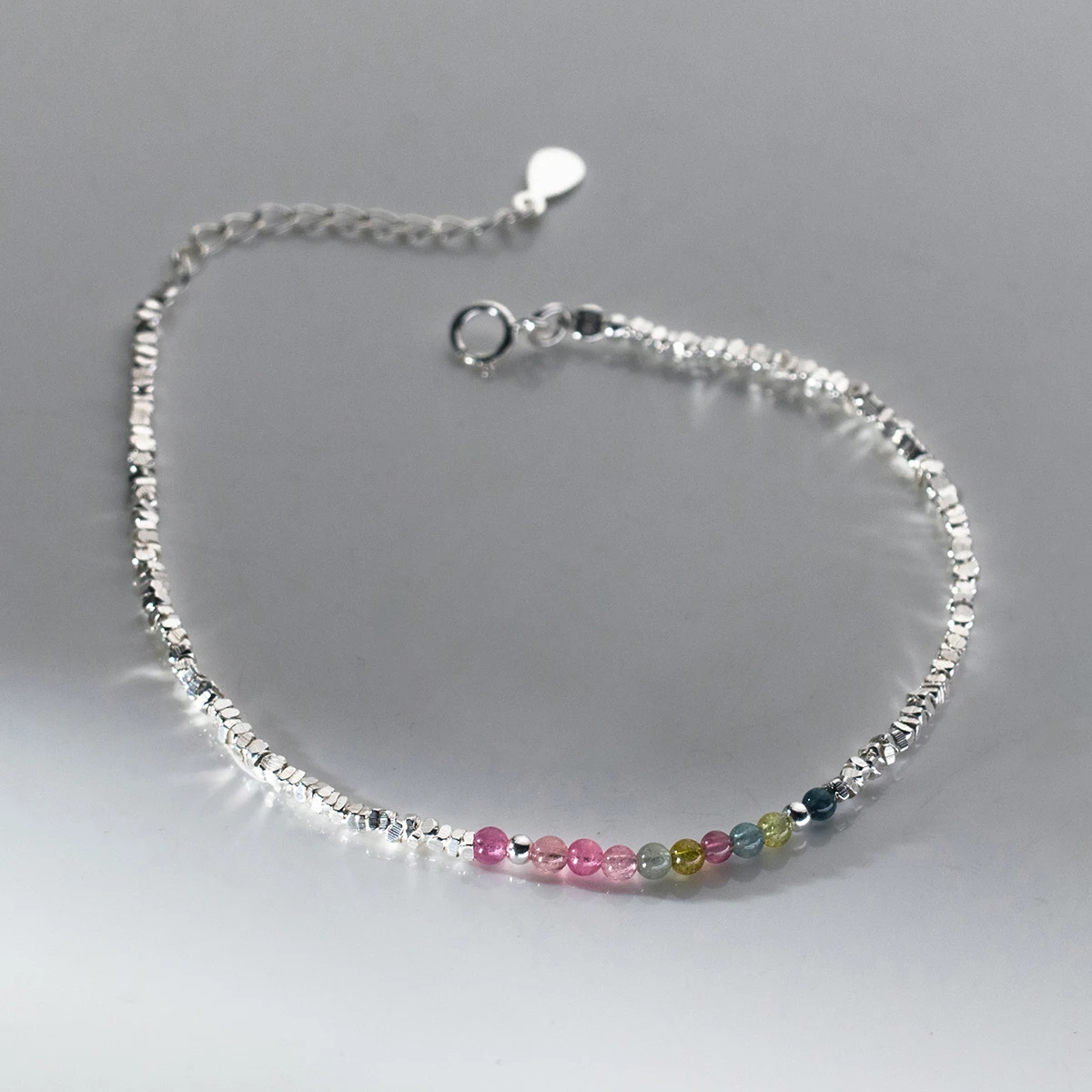 MODIAN 925 Sterling Silver Natural Colorful Beads Tourmaline Charm Bracelet Sweet Stackable Link Chain For Women Girls Jewelry