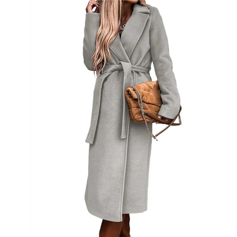 

AA01-Women's Notched Lapel Long Sleeves Slim Mid-Long Wool Blend Outerwear Casual Fall Winter Coats With Belt