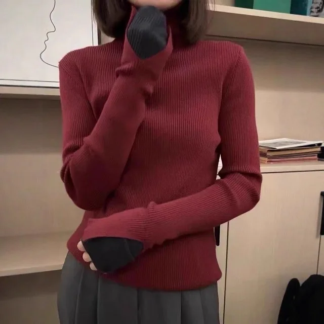 

Women's High Ne Knitted Sweater Slim Fit Autumn Winter Faion Casual Sle Fake Two-Piece Long Sve Printed Top