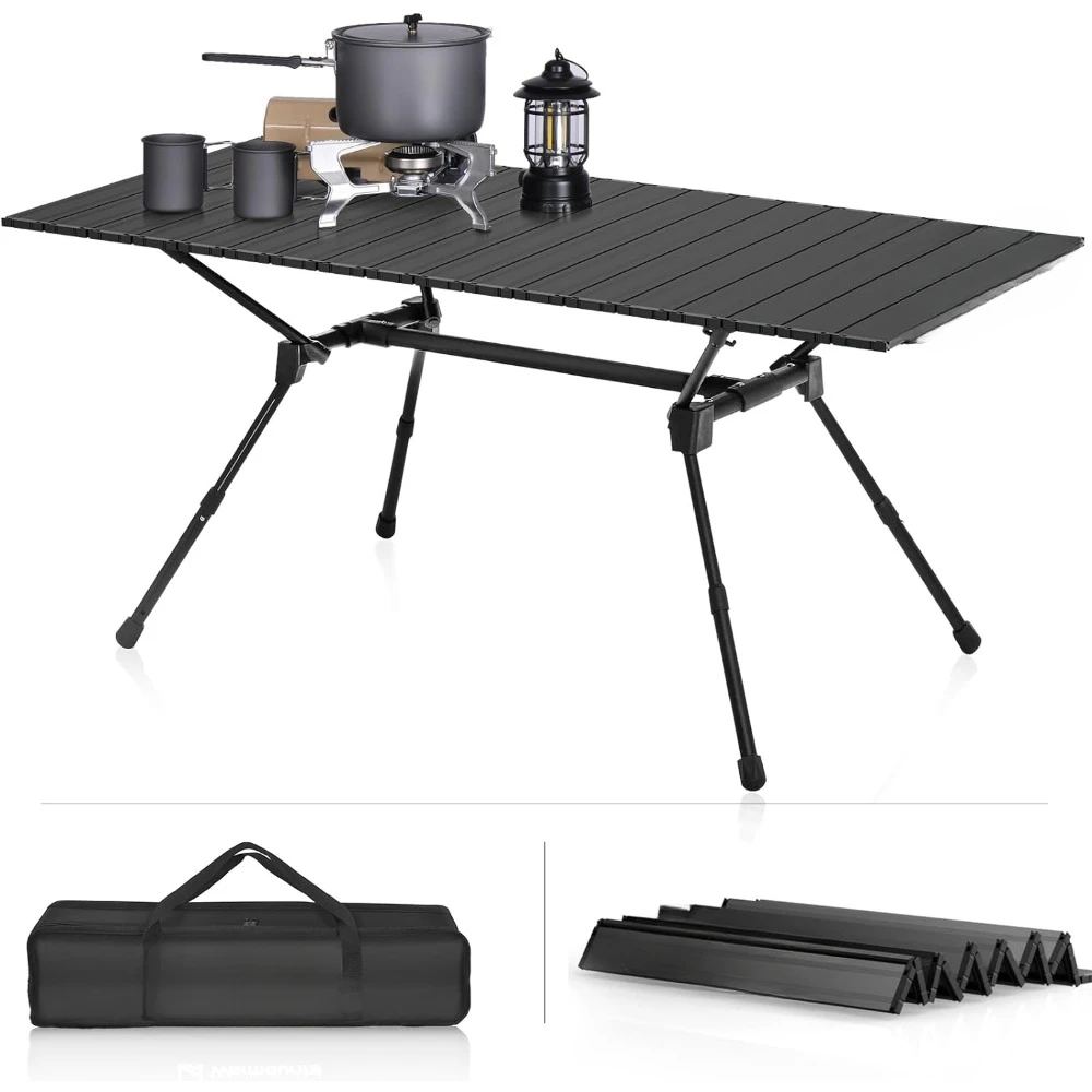 

Folding Camping Table Adjustable Heights, 49″ Wide Tabletop Portable Camping Table, Aluminum Roll-up Camping Table