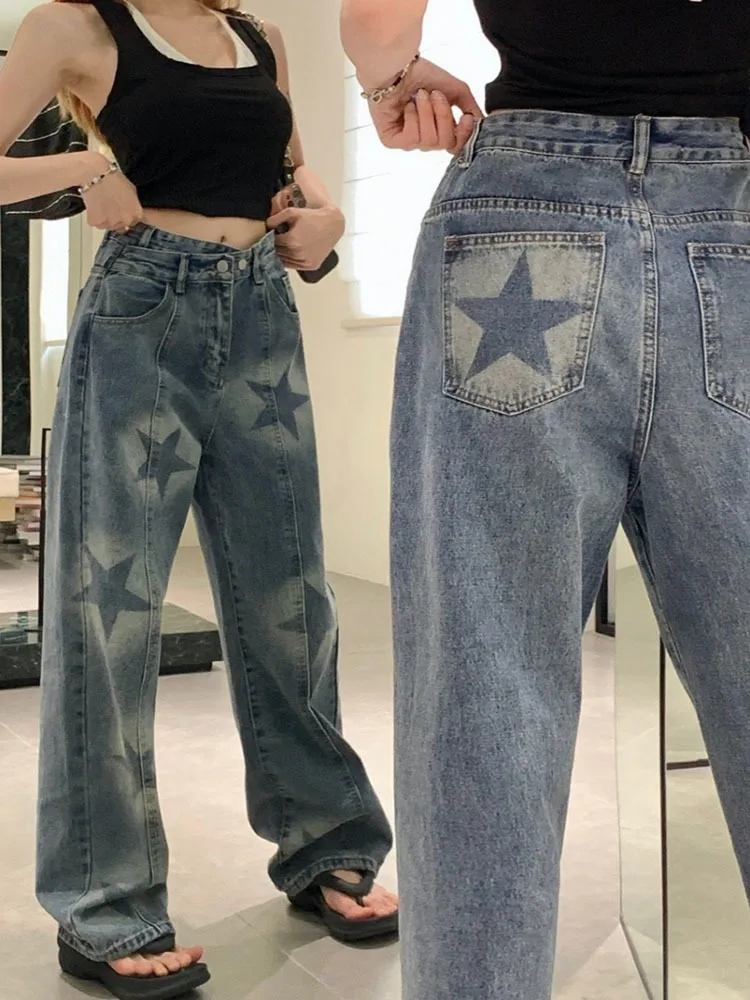 

2023 Spring Fashion Mom Boyfriend Jeans Women Korean Fashion Star Print Wide Leg High Waist Denim Long Pants Female
