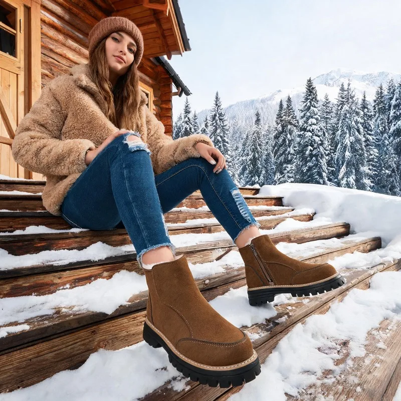 Women Chunky Ankle Boots Platform Short Boots Faux Suede Side Zipper Round Toe Contrast Stitching Casual Shoes for Woman