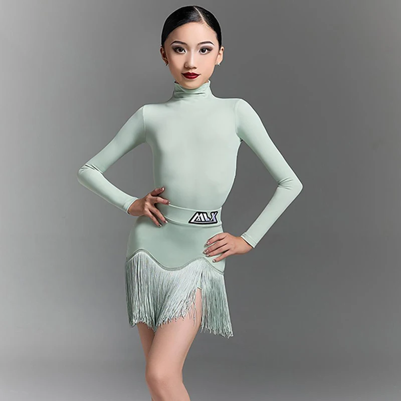 2025 新しいラテンダンス練習衣装女の子のための長袖タッセルスカートスーツチャチャルンバタンゴ子供ラテン衣装 DQS21415