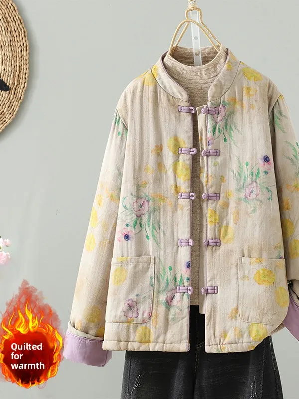 

Thiened Cotton Jaet, китайский с художественным принтом, длинный све, воротник-стойка на пуговицах, теплый зимний топ, женская мода