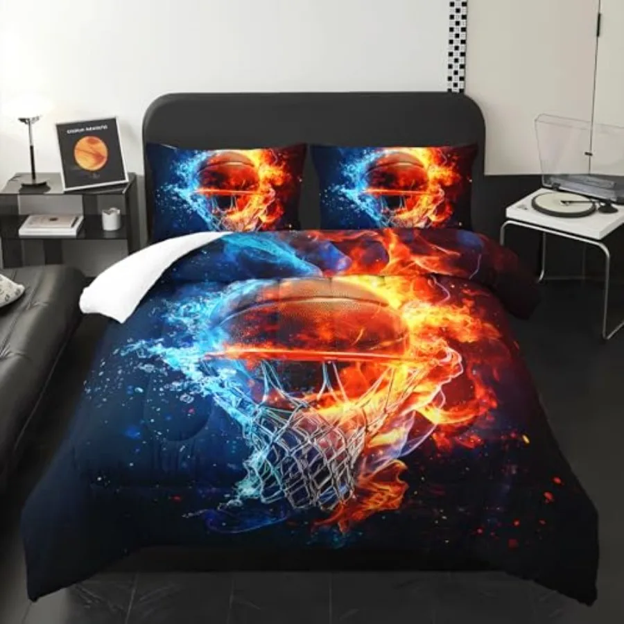 

Sports Basketball Printed Comforter 3Pcs Ball Game Sport Basketball Hoop Bedding Set for Kid Teen Girl Boy Adult Flame and Ice