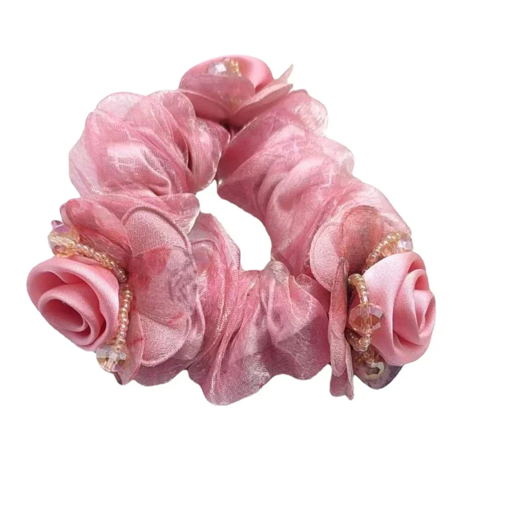 3 Flowers Silk Yarn Hair Bands Mother Head Flower High Elastic Rubber Band Ponytail Bun Updo Hair Large Intestine Ring   곱창밴드