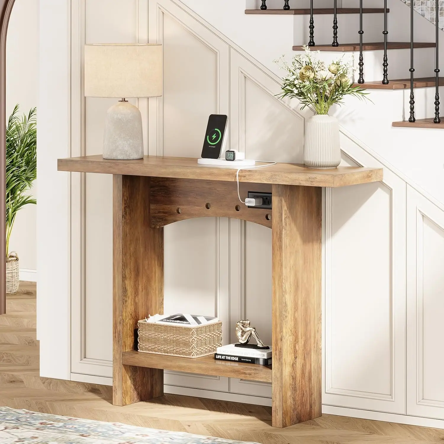 

43" Console Table Charging Station Storage Shelf Entryway Hallway Sofa Table Anti-Tip Easy Assembly Brown, Customized