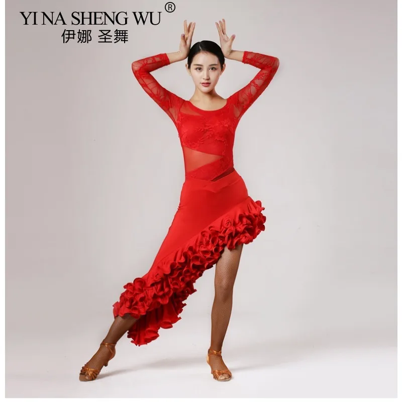 Nouvelle robe de danse latine femmes Sexy maille extensible à manches longues Style fendu robe latine salle de bal Tango Rumba Performance Costume