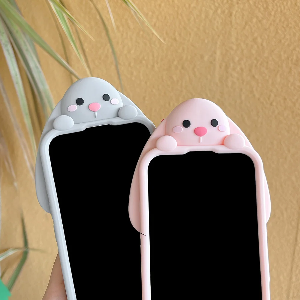 Kawaii 3D Cartoon Benny Rabbit Hülle für iPhone 16 15 14 13 12 Pro Max Weiche Silikonhülle mit Haarballenschwanzhalter – Detail 6