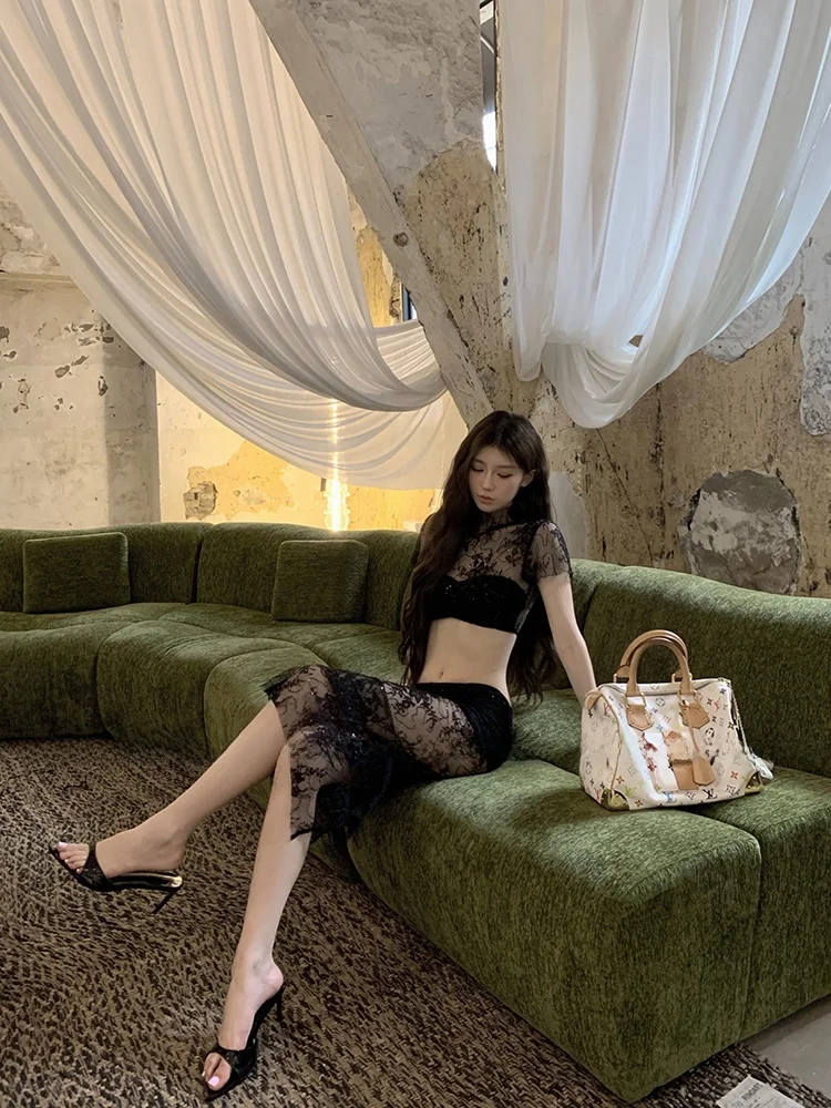 Sexy Lace See-through Top And Low-waist  Skirt Set for Women Sparkling Bodycon Summer Outfit Short Sleeve T-shirt Set