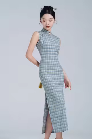 Improved Artistic Grid Long Sleeveless Cheongsam 2025 Spring New Fashion Young Girl's Daily Qipao Dress