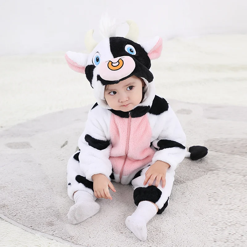 

Size 0-5Y Anime Infant Baby Rompers Clothes Toddler Boy Girl Cosplay Costume Cartoon Cow Zipper Flannel Warm Baby Onesie Suit