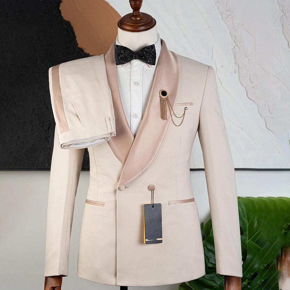 

Высококачественные свадебные костюмы для мужчин, модные двубортные шаль с лацканами, тонкая куртка, брюки, элегантная мужская одежда