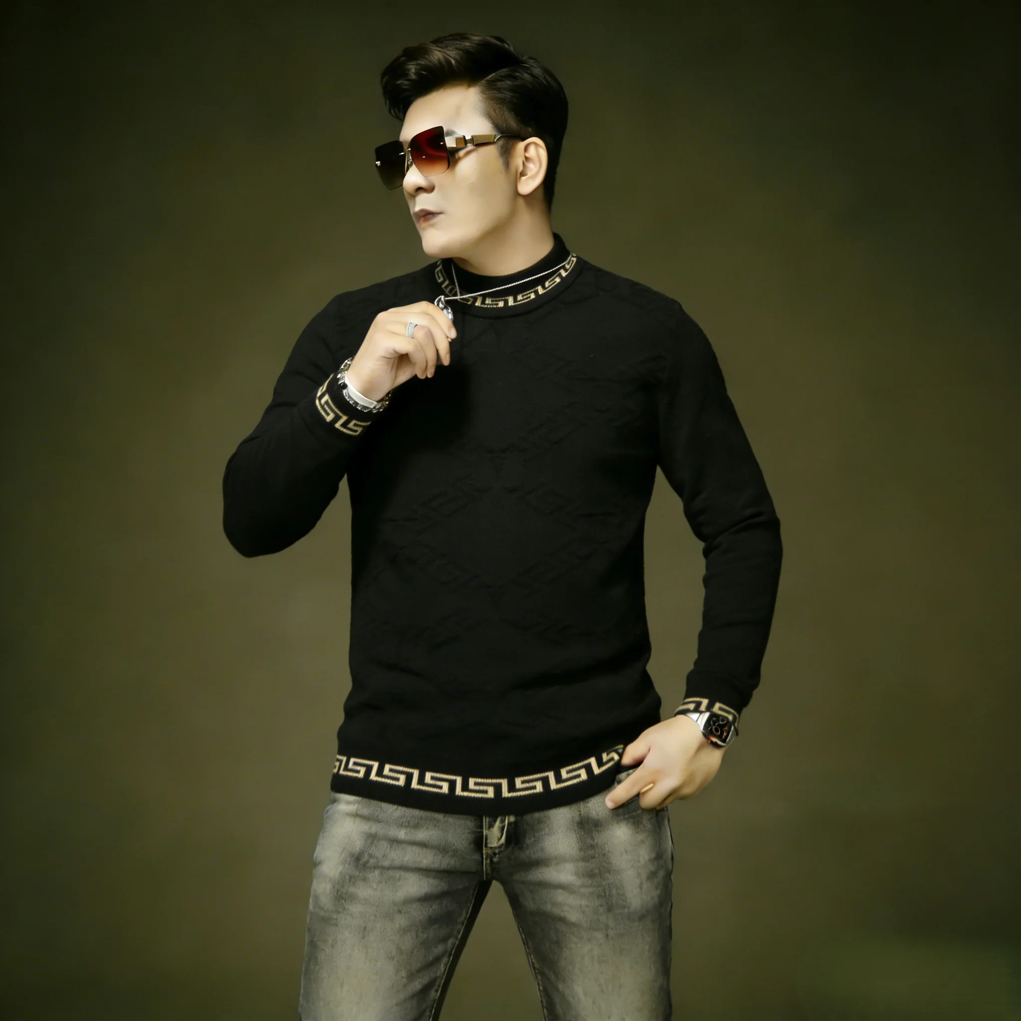 

Мужской повседневный утепленный свитер-пуловер с круглым вырезом в американском стиле, облегающий, теплый, вязаный, универсальный базовый джемпер